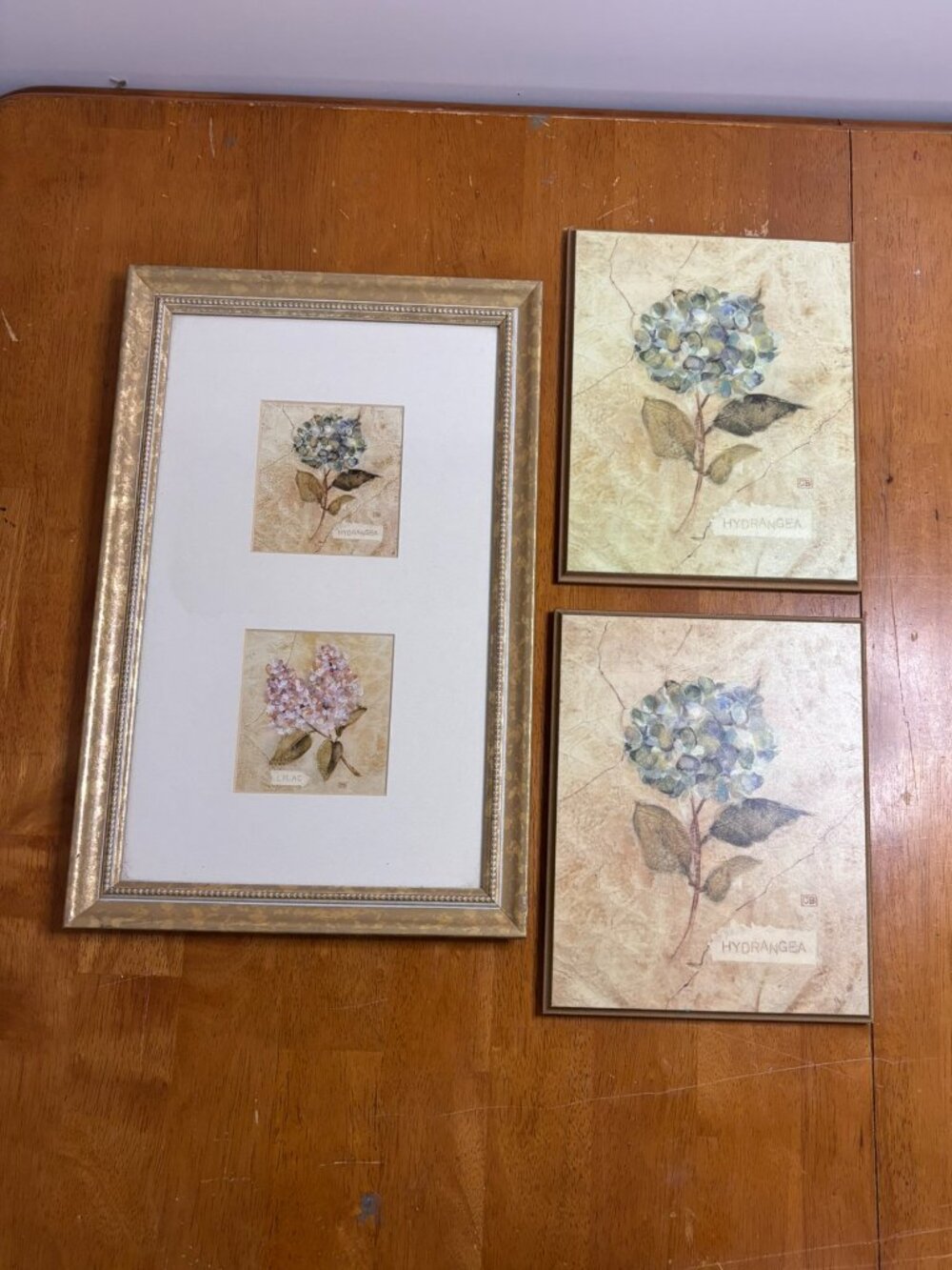 VTG Cheri Blum Vintage Floral Art Trio Hydrangea Lilac Cracked Linen 3pc Set